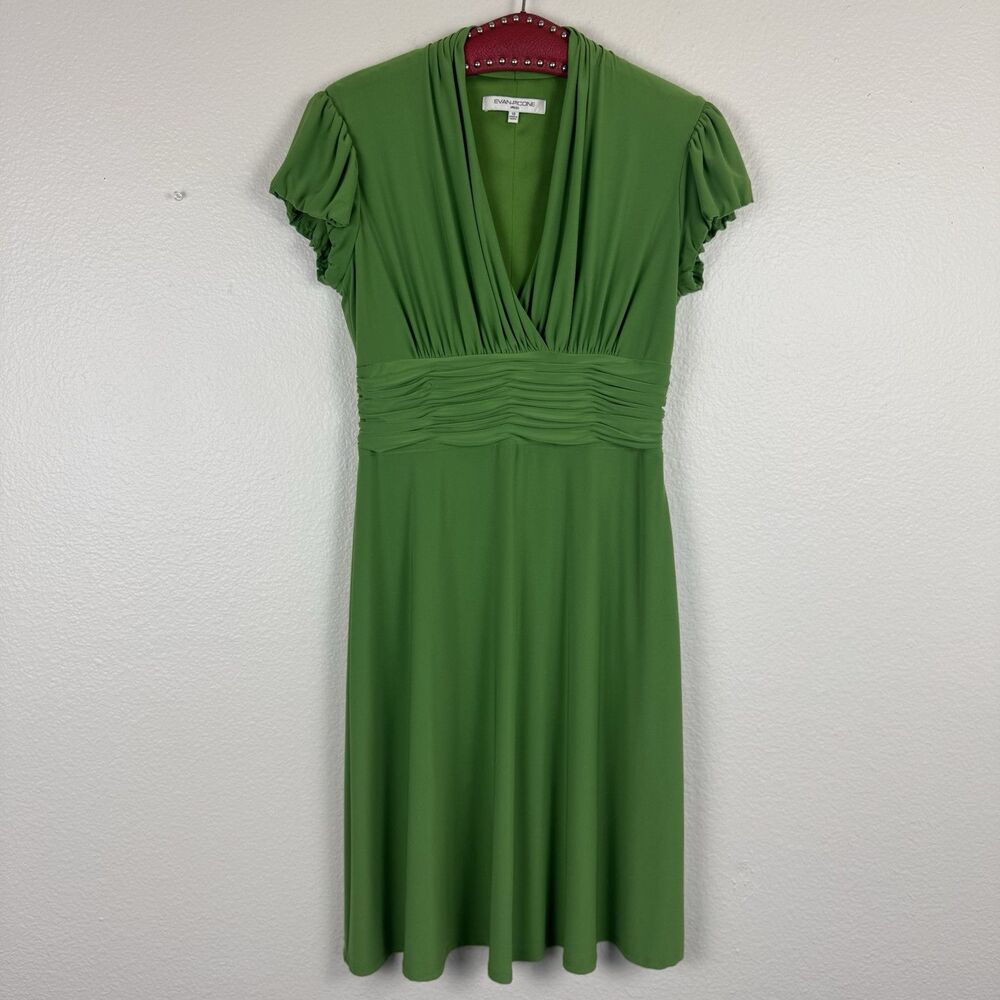 Evan-Picone V-Neck Ruched Waist Bubble Hem Sleeves Knee Length Dress Green 10